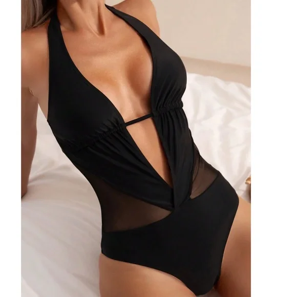 Teal Cut out Semi Sheer Halter Neck Monokini One Piece Swimsuit - Picture 7 of 8